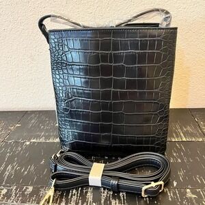 AOTA All of the Above Black Vegan Leather Croc Embossed Bucket Bag